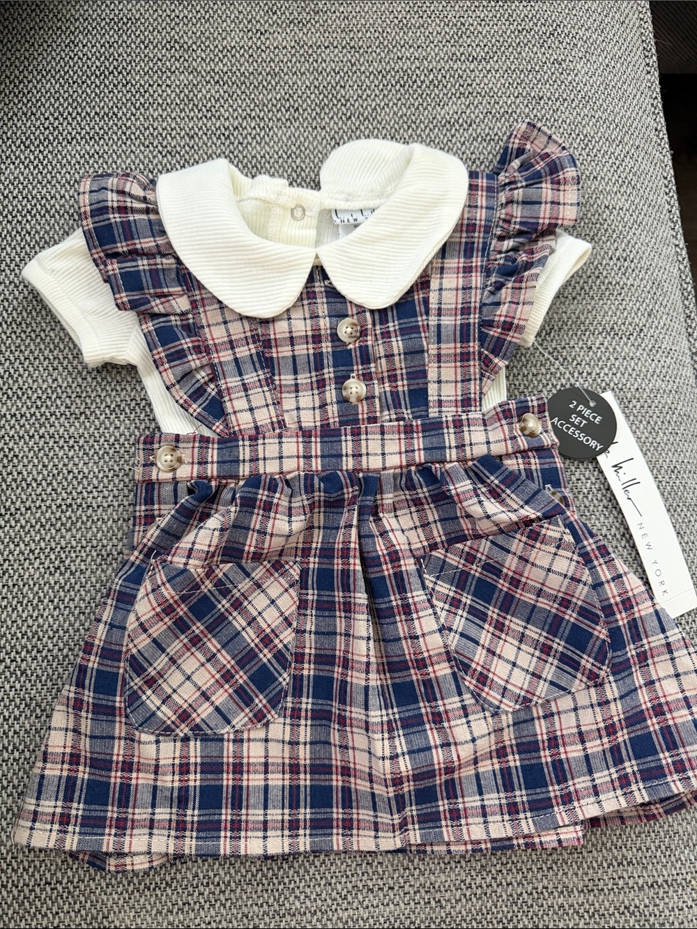 Nicole Miller Navy, Cream and Pink Plaid Pinafore Dress Set